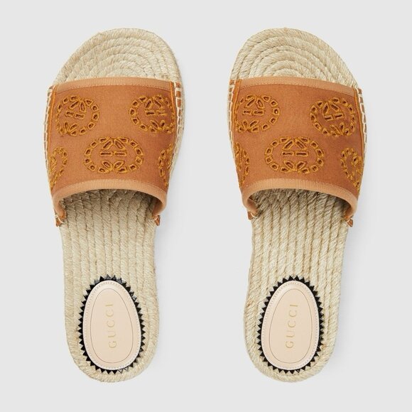 NEW GUCCI Brown Women's Interlocking G espadrille sandals Sz 37.5 - Picture 1 of 9
